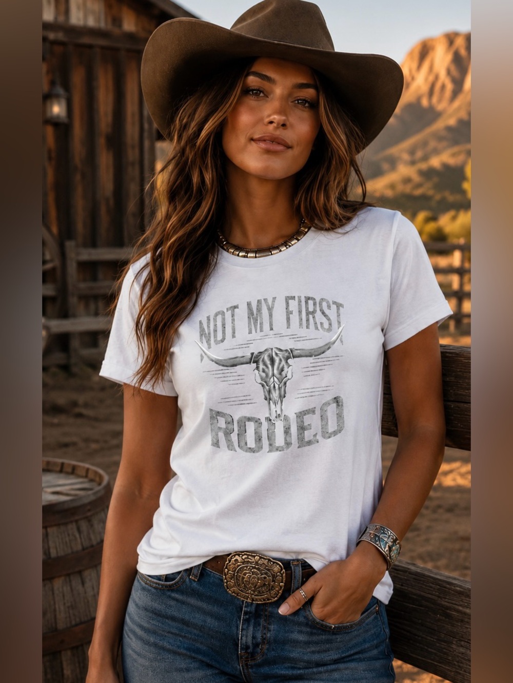 Western Ladies 100% Cotton White Not My First Rodeo Steer Cowgirl Tee Shirt